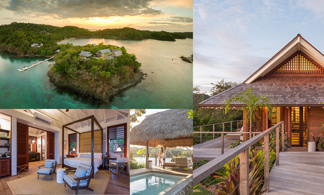 image collage depicting details of our panama lodge like the room, arial view of the lodge, couples enjoying the view of the ocean